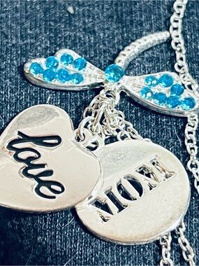 Silver 'Love' and 'Mom' Charm Necklace with Blue Crystal Dragonfly
